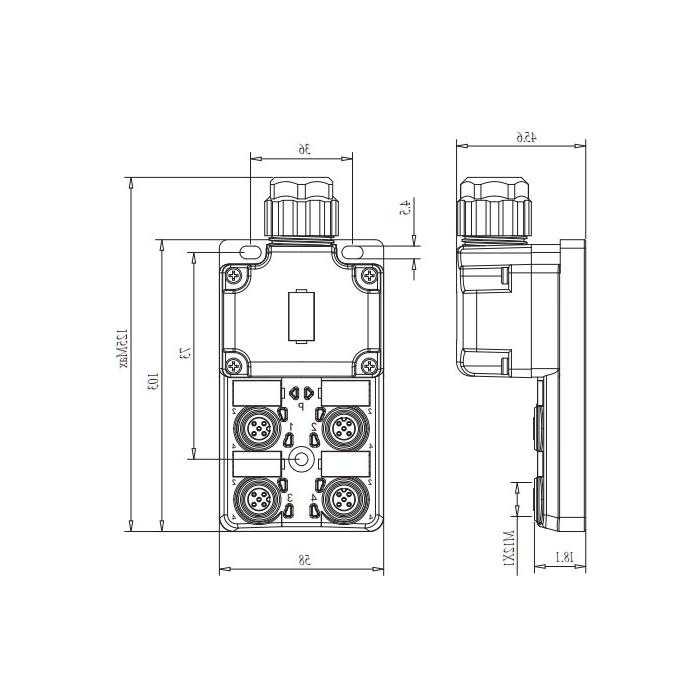 M12分线盒、单通道、PNP、4端口分体式、带LED、PCB端子带插头、24P4S9